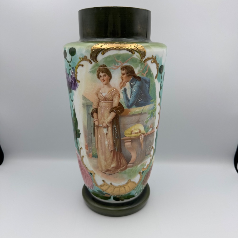 Vintage Porcelain Vase Romantic Scene Floral Gold Gilt Accent